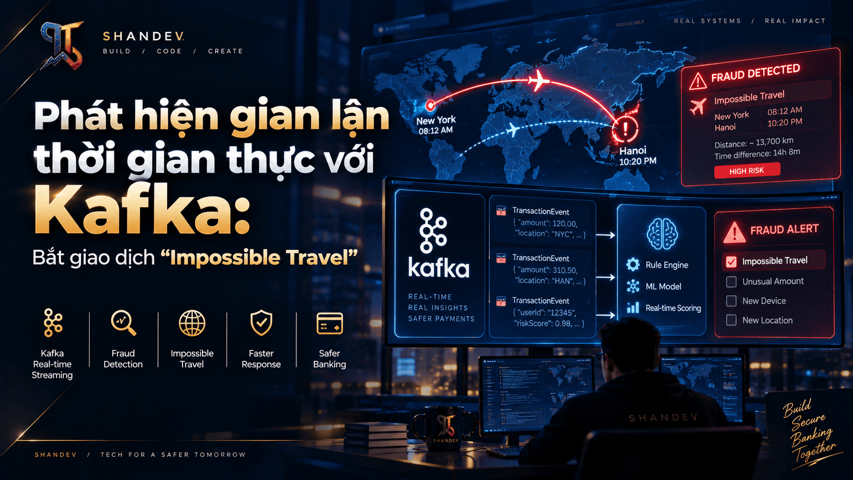 Thumbnail for Phát hiện gian lận thời gian thực với Kafka: Bắt giao dịch “Impossible Travel”