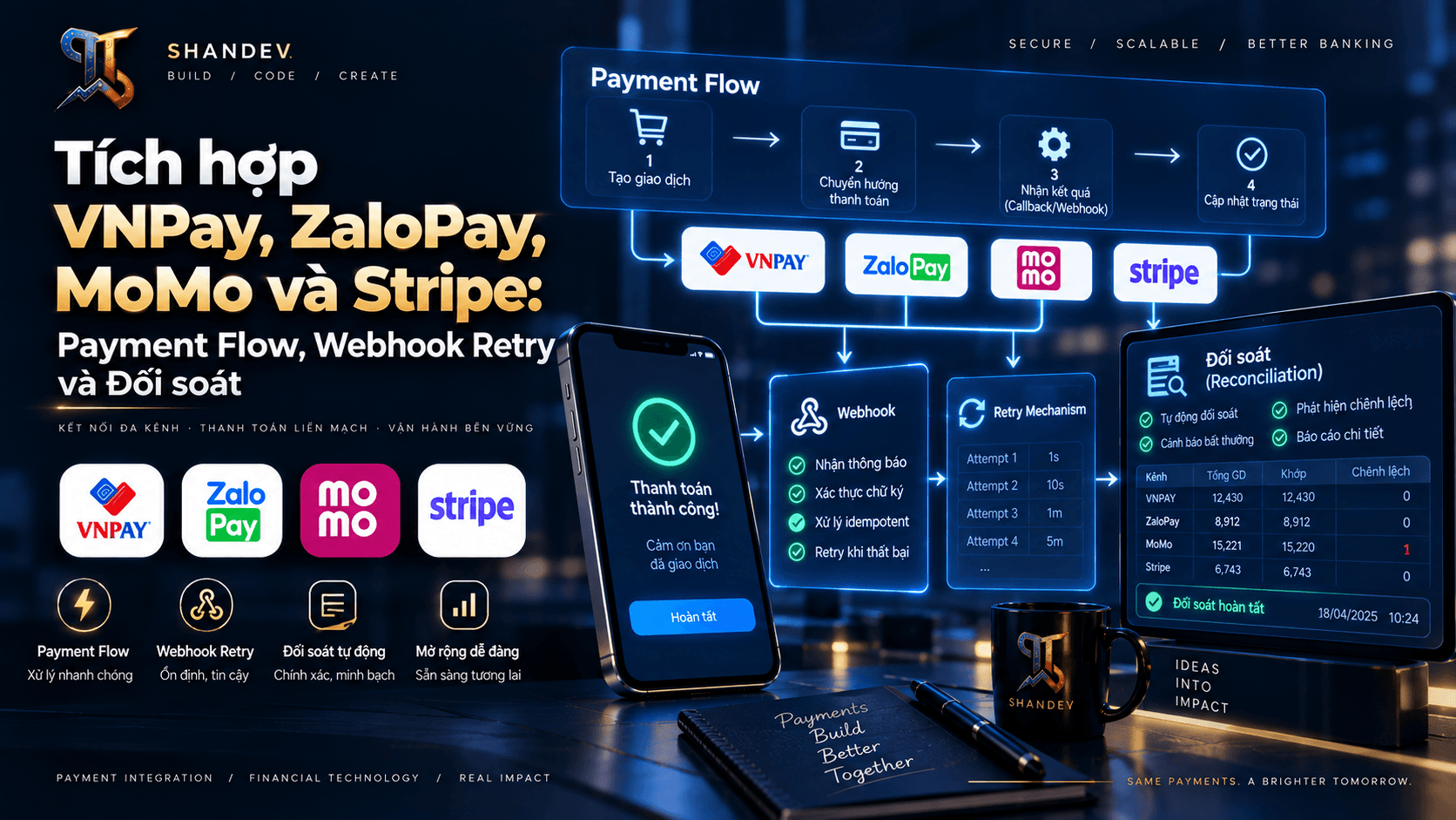 Thumbnail for Tích hợp VNPay, ZaloPay, MoMo và Stripe: Payment Flow, Webhook Retry và Đối soát