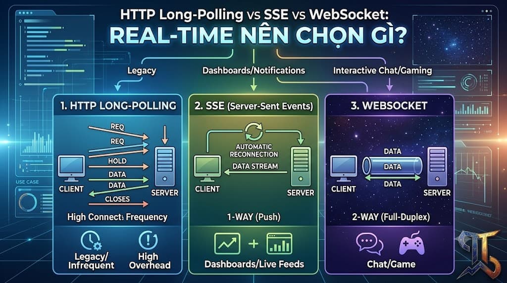 Thumbnail for HTTP Long-Polling vs SSE vs WebSocket: Bài toán Real-time nên chọn gì?